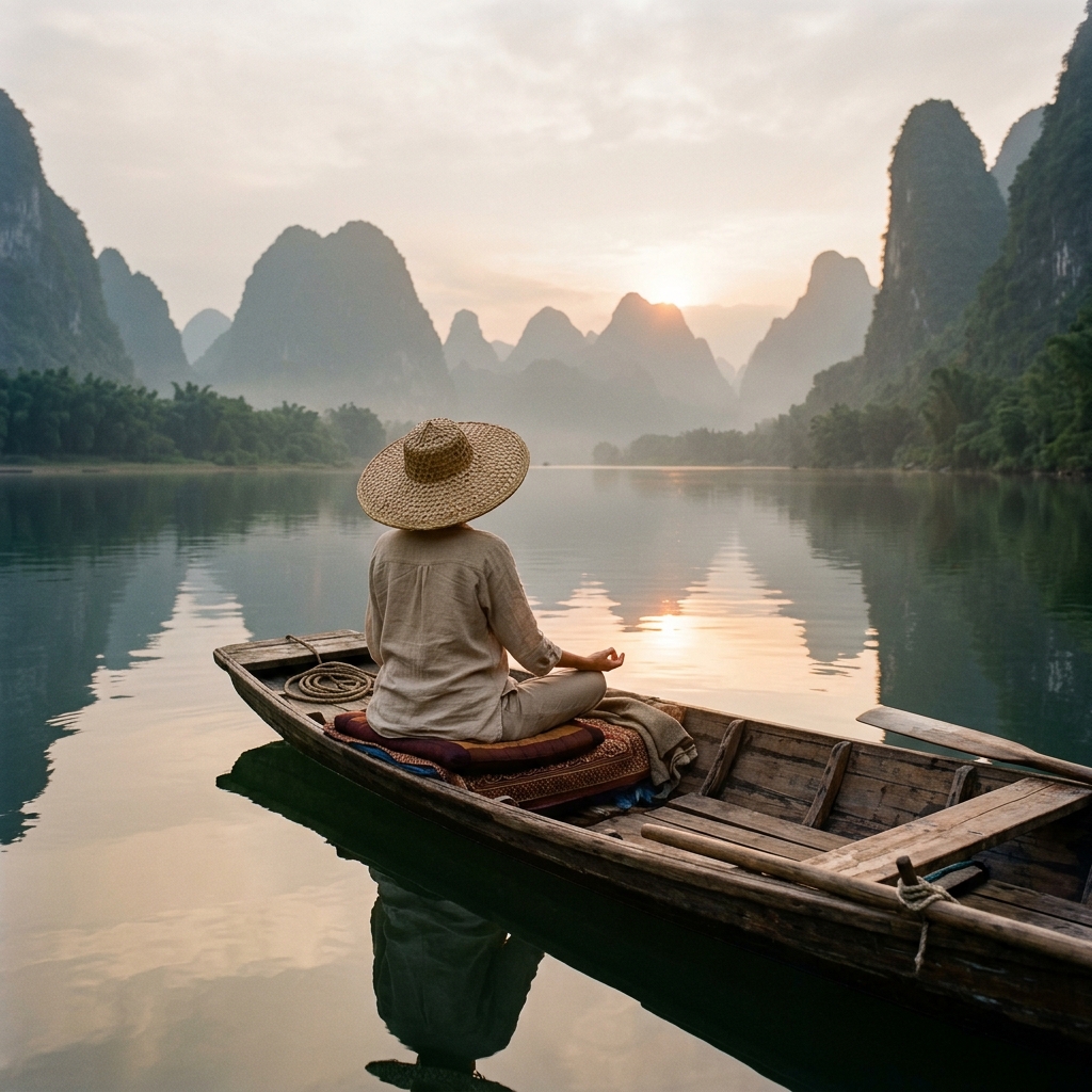 Meditación al amanecer en Asia